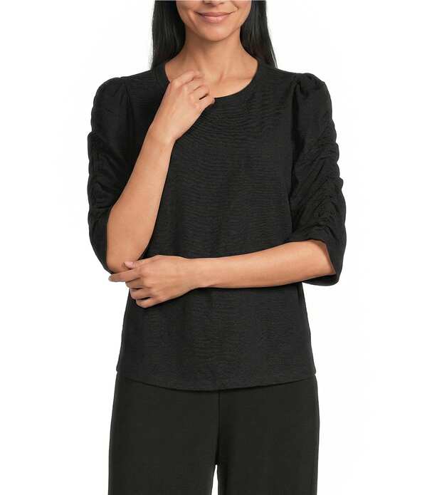 インベストメンツ レディース トップス ティーシャツ 労働者の一団のど首 ギャザー Investments 3/4 Ruched Sleeve Crew Neck Top Black 黒いこと