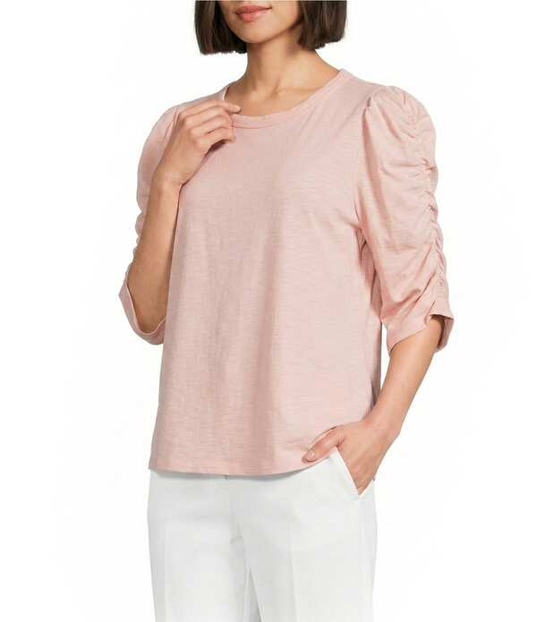 インベストメンツ レディース トップス ティーシャツ 労働者の一団のど首 ギャザー Investments 3/4 Ruched Sleeve Crew Neck Top Blossom