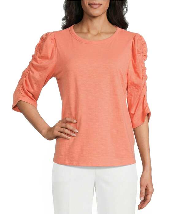 インベストメンツ レディース トップス ティーシャツ 労働者の一団のど首 ギャザー Investments 3/4 Ruched Sleeve Crew Neck Topeach Echo 桃
