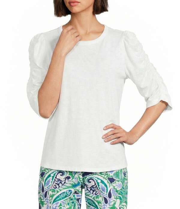 インベストメンツ レディース トップス ティーシャツ 労働者の一団のど首 ギャザー Investments 3/4 Ruched Sleeve Crew Neck Top White 白いこと