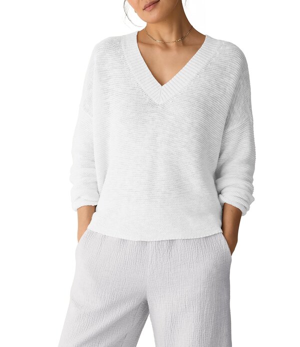 エイリーンフィッシャー レディース トップス プルオーバー Vのど首 編み物 Eileen Fisher Textural Knit V-Neck Long Sleeve Top White 白いこと