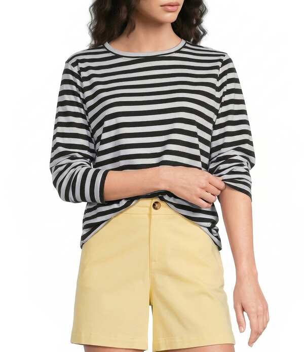 酉の方角刎ね上がる レディース トップス ティーシャツ 労働者の一団のど首 刷り上げる Westbound Perfect Outfit Pickstripe Print 3/4 Sleeve Crew Neck Top Black/White 白いこと