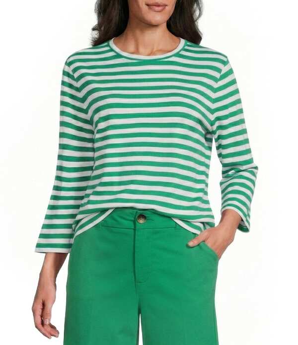 酉の方角刎ね上がる レディース トップス ティーシャツ 労働者の一団のど首 刷り上げる Westbound Perfect Outfit Pickstripe Print 3/4 Sleeve Crew Neck Top Kelly Green/White 白いこと