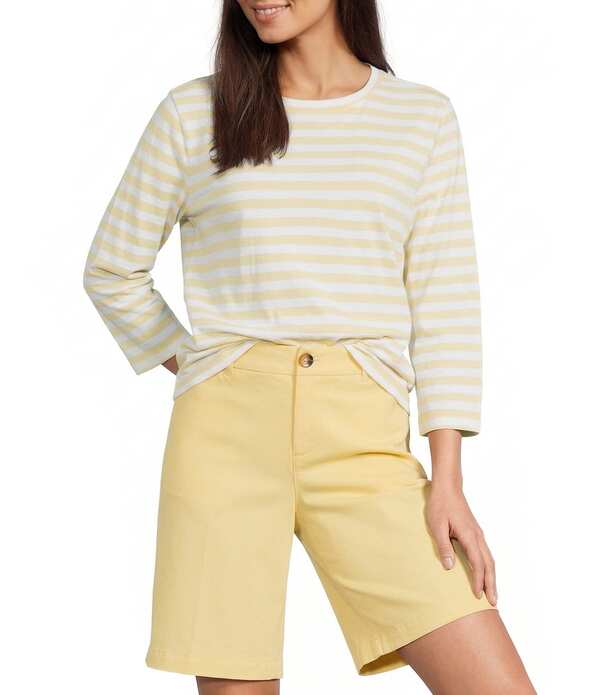 酉の方角刎ね上がる レディース トップス ティーシャツ 労働者の一団のど首 刷り上げる Westbound Perfect Outfit Pickstripe Print 3/4 Sleeve Crew Neck Top Lemon Yellow/White 白いこと
