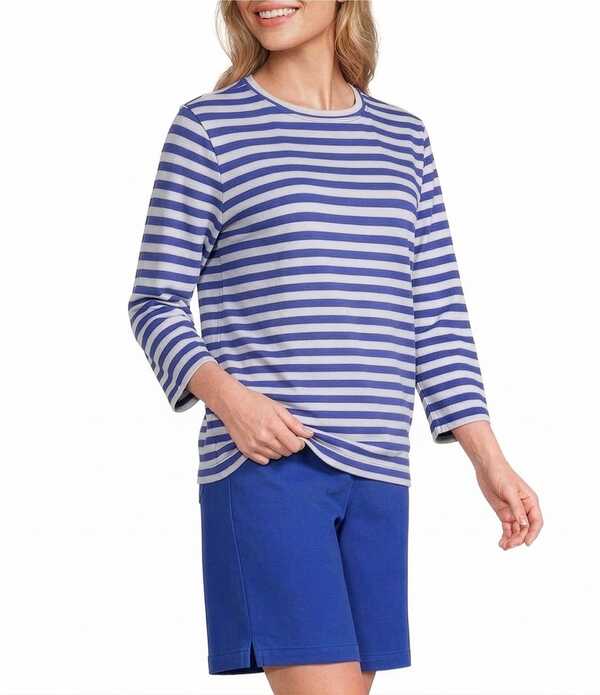 酉の方角刎ね上がる レディース トップス ティーシャツ 労働者の一団のど首 刷り上げる Westbound Perfect Outfit Pickstripe Print 3/4 Sleeve Crew Neck Top True Blue/White 白いこと