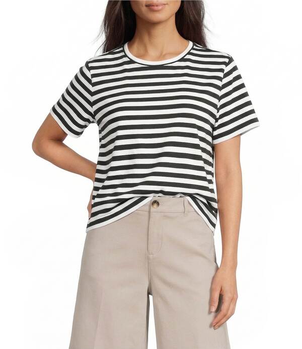 酉の方角刎ね上がる レディース トップス ティーシャツ 労働者の一団のど首 刷り上げる Westbound Perfect Outfit Pickstripe Print Short Sleeve Crew Neck Tee Black/White 白いこと