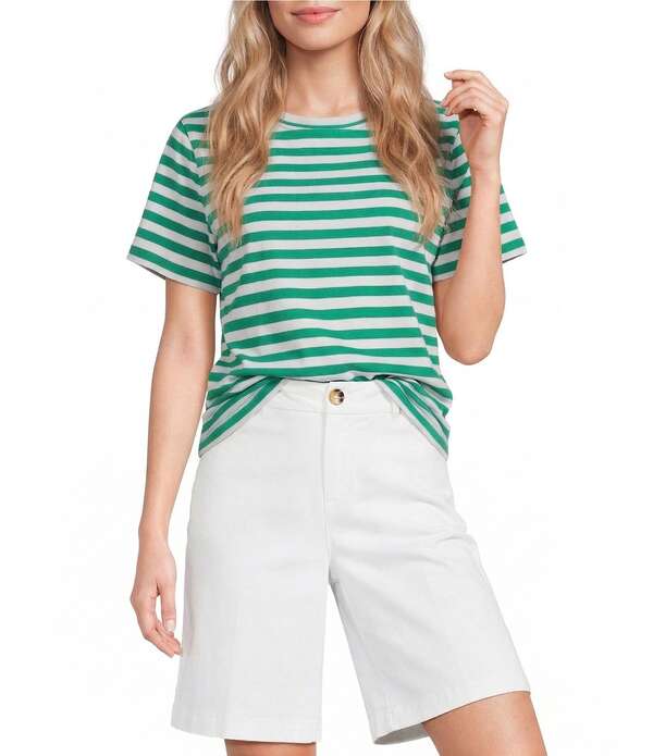 酉の方角刎ね上がる レディース トップス ティーシャツ 労働者の一団のど首 刷り上げる Westbound Perfect Outfit Pickstripe Print Short Sleeve Crew Neck Tee Kelly Green/White 白いこと