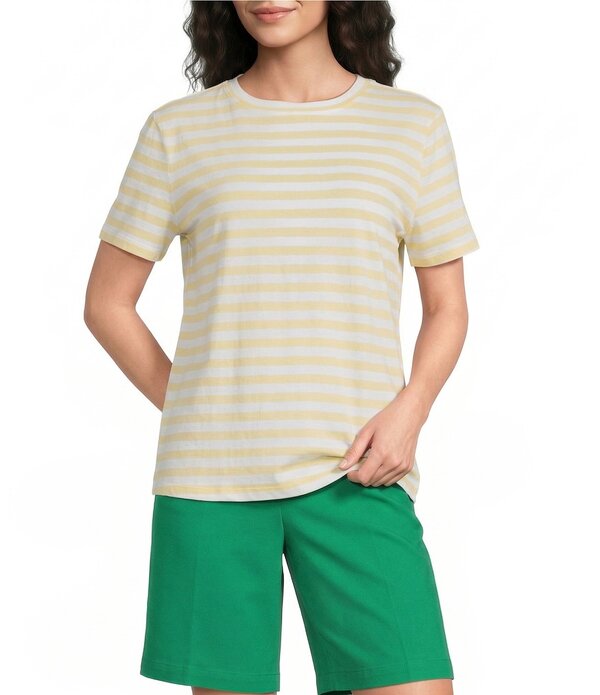 酉の方角刎ね上がる レディース トップス ティーシャツ 労働者の一団のど首 刷り上げる Westbound Perfect Outfit Pickstripe Print Short Sleeve Crew Neck Tee Lemon Yellow/White 白いこと