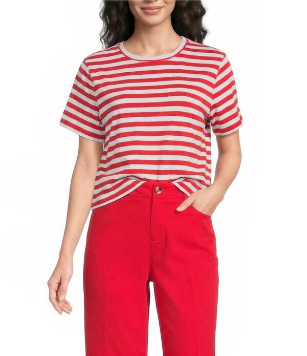 酉の方角刎ね上がる レディース トップス ティーシャツ 労働者の一団のど首 刷り上げる Westbound Perfect Outfit Pickstripe Print Short Sleeve Crew Neck Tee Racing Red/White 白いこと