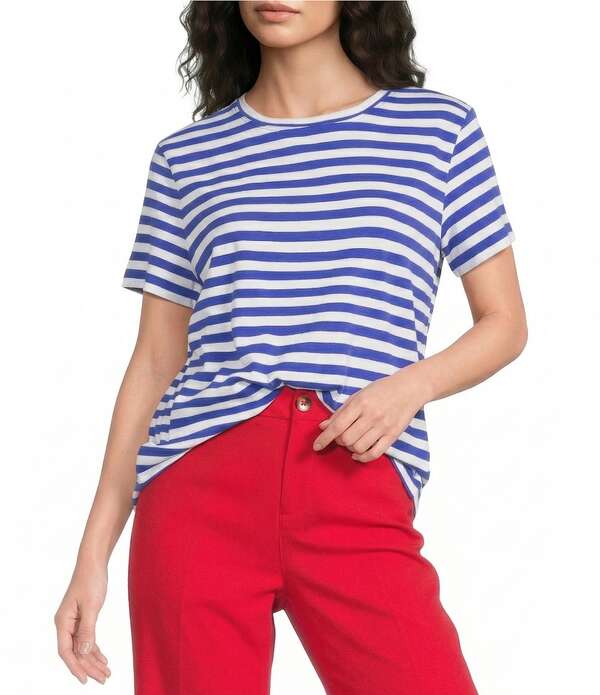 酉の方角刎ね上がる レディース トップス ティーシャツ 労働者の一団のど首 刷り上げる Westbound Perfect Outfit Pickstripe Print Short Sleeve Crew Neck Tee True Blue/White 白いこと