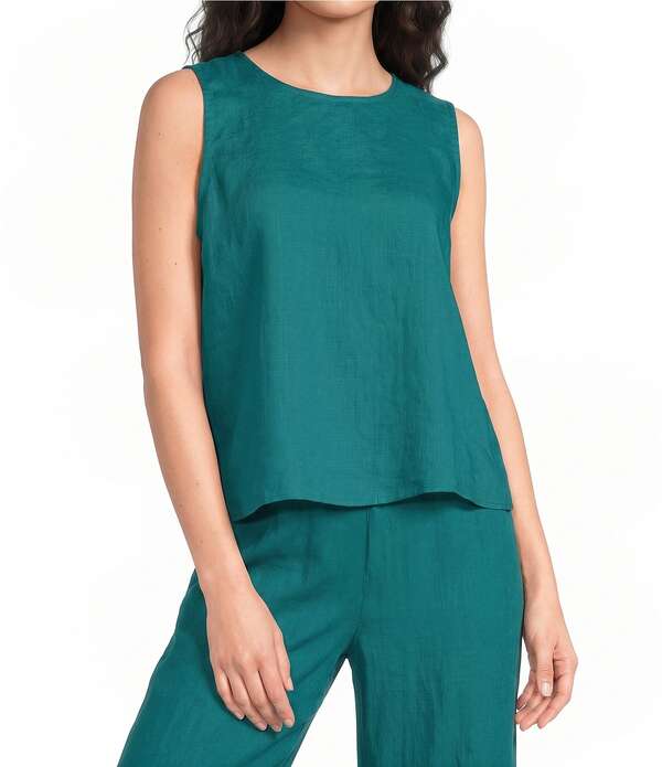 エイリーンフィッシャー レディース トップス シャツ ノースリーブ リネン Eileen Fisher Coordinating Organic Linen Round Neck Sleeveless Tank Teal ティール｜ReVida 店