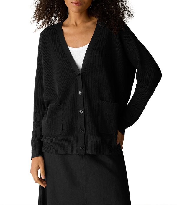 エイリーンフィッシャー レディース アウター 編み物・プルオーバー Vのど首 ジレー Eileen Fisher Knit V-Neck Long Sleeve Button Front Cardigan Black 黒いこと