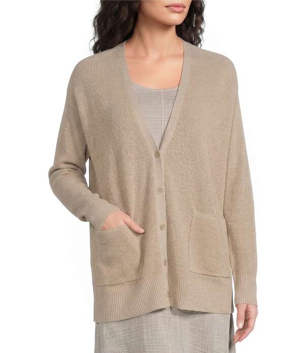 エイリーンフィッシャー レディース アウター 編み物・プルオーバー Vのど首 ジレー Eileen Fisher Knit V-Neck Long Sleeve Button Front Cardigan Undyed Natural