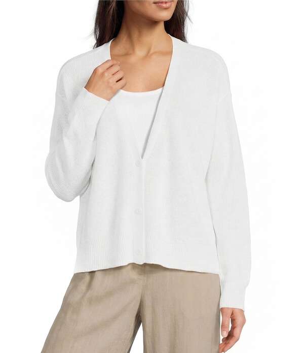 エイリーンフィッシャー レディース アウター 編み物・プルオーバー Vのど首 ジレー Eileen Fisher Textural Organic Knit V-Neck Long Sleeve Cardigan White 白いこと