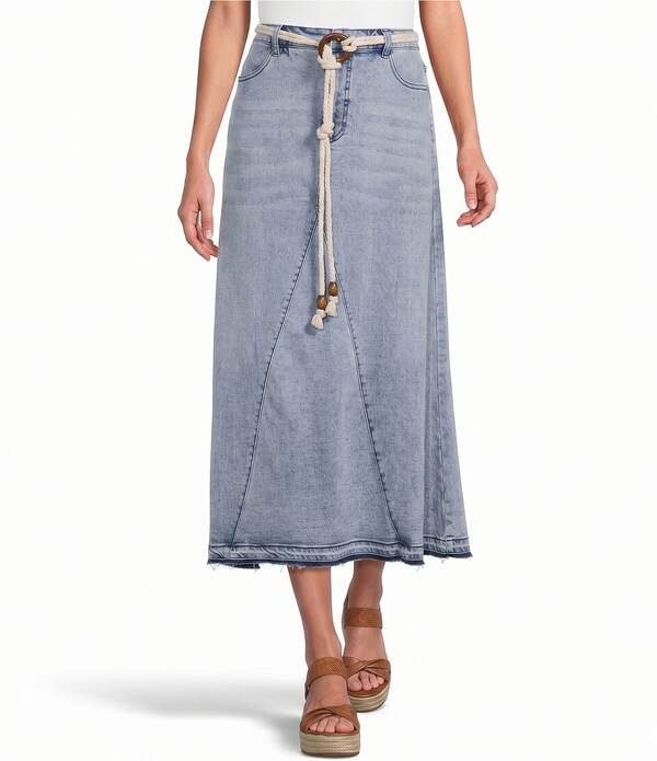 ジョン マーク レディース ボトムスカート ミディ デニム フリンジ John Mark Denim Shark Bite Hem Fringe Belted Button Front Midi Skirt Denim デニム|ReVida 店