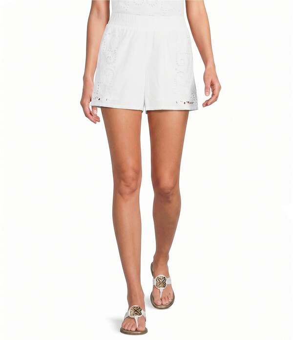 リリーピュリッツァー レディース ボトムス 二分の一ズボン下・さる股引き 刺しゅう Lilly Pulitzer Kilah Eyelet Embroidered High-Rise Pull-On Short Resort White 白いこと