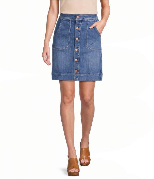 エヌワイディージェイ レディース ボトムスカート A ライン ひざ丈 デニム NYDJ Denim High Rise A-line Knee Length Utility Skirt Blue Paradise ブルー｜ReVida 店