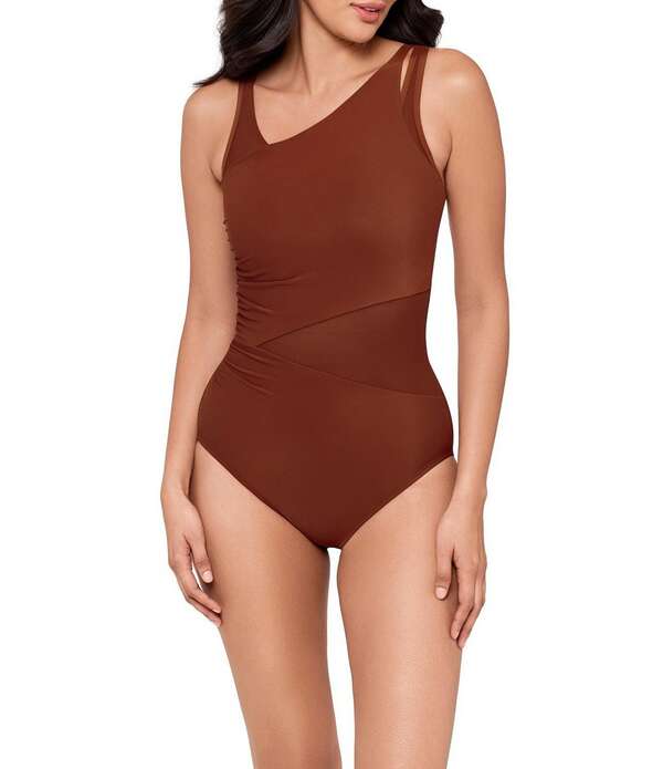 不思議なこと背広 レディース トップス 衣装 非対称 メッシュ Miraclesuit Illusionist Azura Mesh Underwire Asymmetrical Neck One Piece Swimsuit Copper Brown 赤銅色