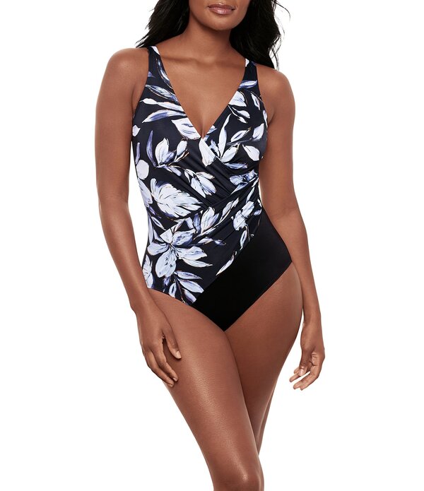不思議なこと背広 レディース トップス 衣裳 Vのど首 Miraclesuit Fiore Di Luna Oceanus Underwire V-Neck Surplice One Piece Swimsuit Black/White 白いこと