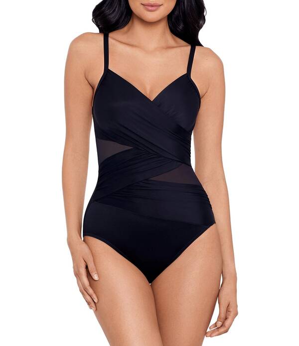 不思議なこと背広 レディース トップス 衣装 Vのど首 メッシュ Miraclesuit Network Mystique Mesh V-Neck Underwire Molded Cupsurplice One Piece Swimsuit Black 黒いこと