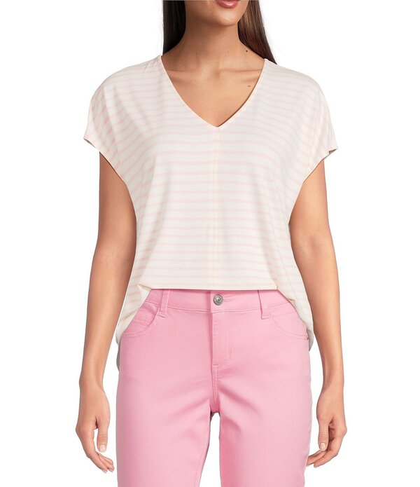 ギブソンアンドラティマー レディース トップス プルオーバー V素っ首 刷り上げる 編み物 Gibson \u0026 Latimer Stripe Print Short Sleeve V-Necknit Shirt Pink/Cream 皮膚軟化剤