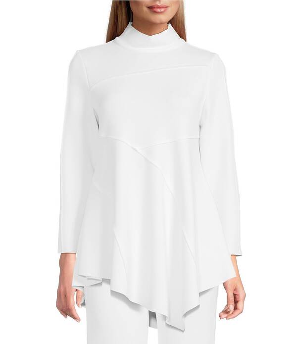 アイシーコレクション レディース トップス カットソー モックネックレープ 編み物 ICollection Soft Knit Crepe Mock Neck Long Sleeve Top White 白いこと