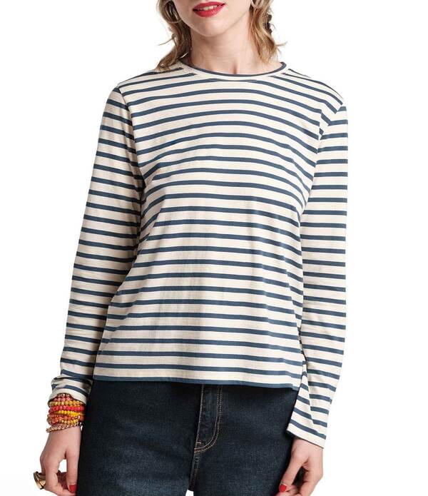 フランセスバレンタイン レディース トップス Tシャツ クルーネック プリント コットン FRANCES VALENTINE Tonal Pima Cotton Crew Neck Long Sleeve Stripe Printee Shirt Navy ネイビー｜ReVida 店
