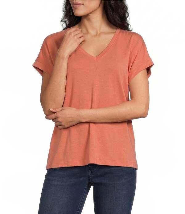 トッミーバハマ レディース トップス プルオーバー 伸び伸びする填まる Vのど首 プルオーバー Tommy Bahama Kauai Solid Stretch Jersey V-Neck Short Sleeves Relaxed Fit-Shirt Peach Gelato 桃