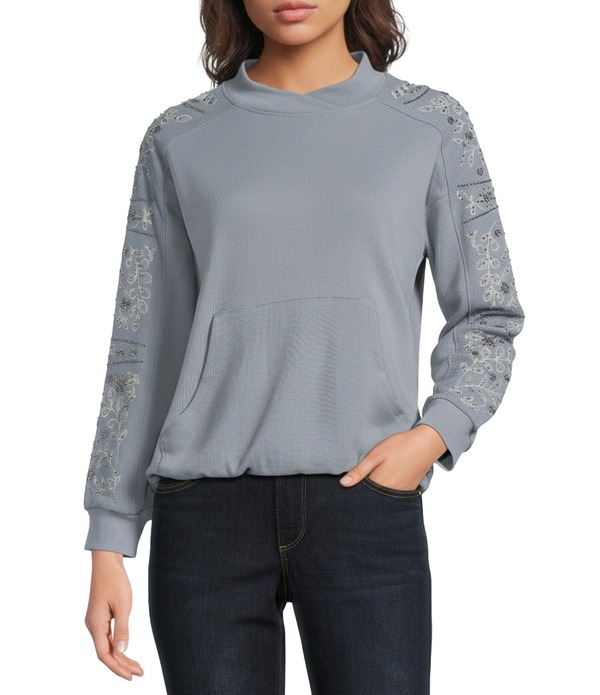 民本主義 レディース トップス ティーシャツ モックネック 刺しゅう Democracy Embroidered Mixed-Media Mock Neck Long Sleeve Top Blue Shadow 青碧