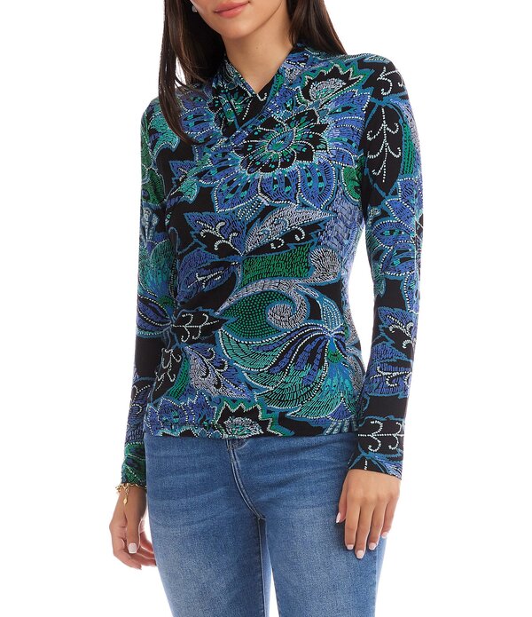 カレンケーン レディース トップス ティーシャツ Vのど首 御花柄 ドレープ 編み物 御花 Karen Kane Stretch Knit Floral Draped Crossover V-Neck Long Sleeve Toprint