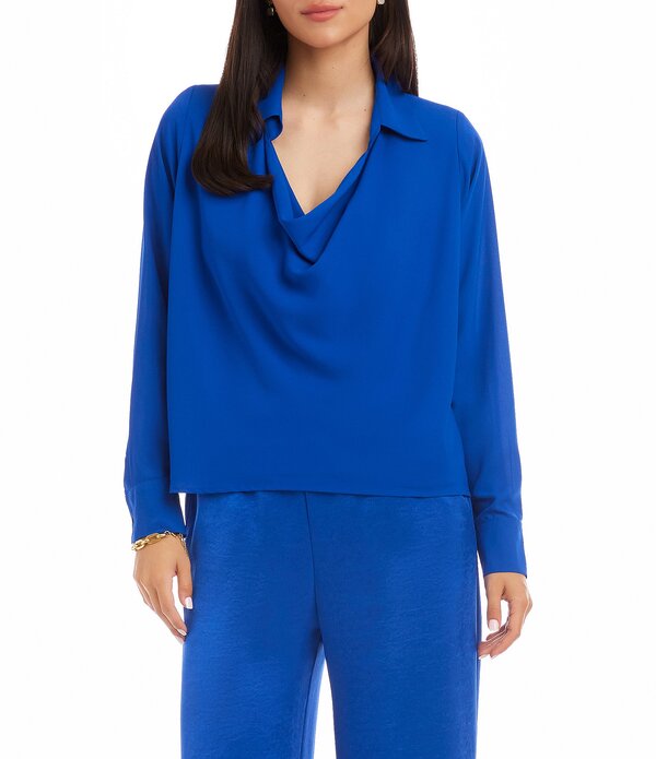 カレンケーン レディース トップス プルオーバー 縮緬 地絹 Karen Kane Silky Crepe Collared Cowl Neck Long Sleeve Top Sapphire Blue 青碧