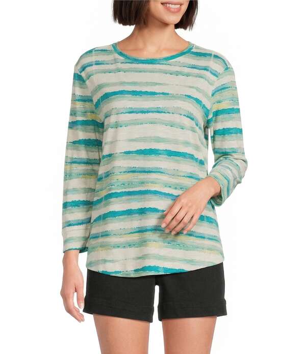 酉の方角刎ね上がる レディース トップス ティーシャツ 労働者の一団のど首 編み物 Westbound Seagrasstripe 3/4 Sleeve Knit Crew Neck Top Seagrasstripe 縞模様
