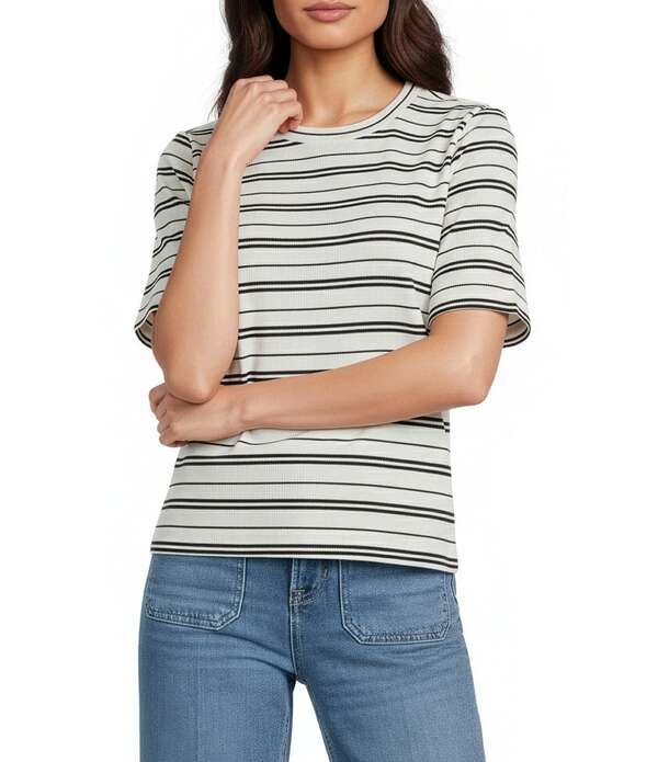 スパンク レディース トップス Tシャツ クルーネック リブ ニット Spanx Striped Ribbed Knit Crew Neck Tee Savanna Stripe ストライプ｜ReVida 店