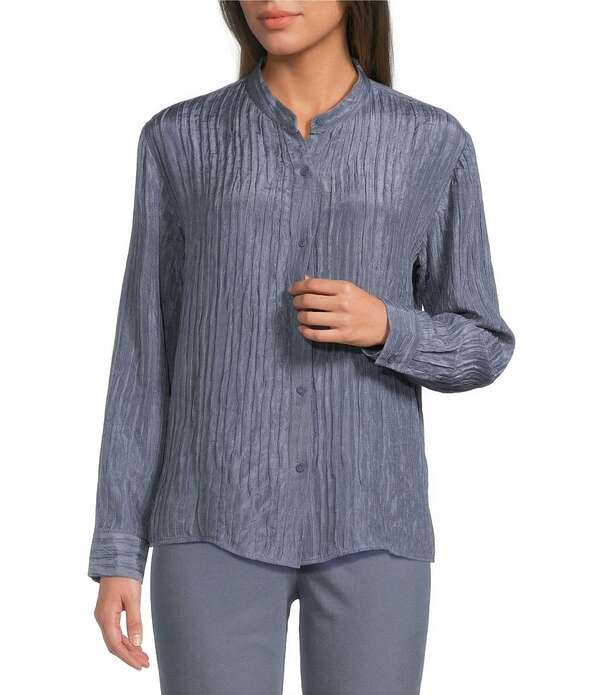 エイリーンフィッシャー レディース トップス シャツ シルク Eileen Fisher Textured Silk Jacquard Mandarin Collar Long Sleeve Shirt Flint｜ReVida 店