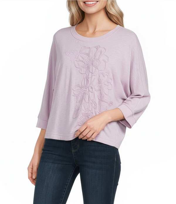民権主義 レディース トップス プルオーバー 御花柄 刺しゅう 編み物 御花 Democracy Embroidered Floral Scoop Neck 3/4 Dolman Sleeve Knitop Lavender Haze Multi ラベンダー