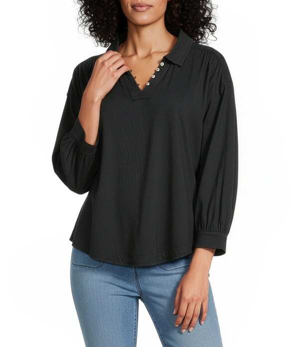 酉の方角跳ねかえる レディース トップス ティーシャツ Vのど首 編み物 Westbound 3/4 Sleeve V Neck Collared Slub Knitop Black 黒いこと