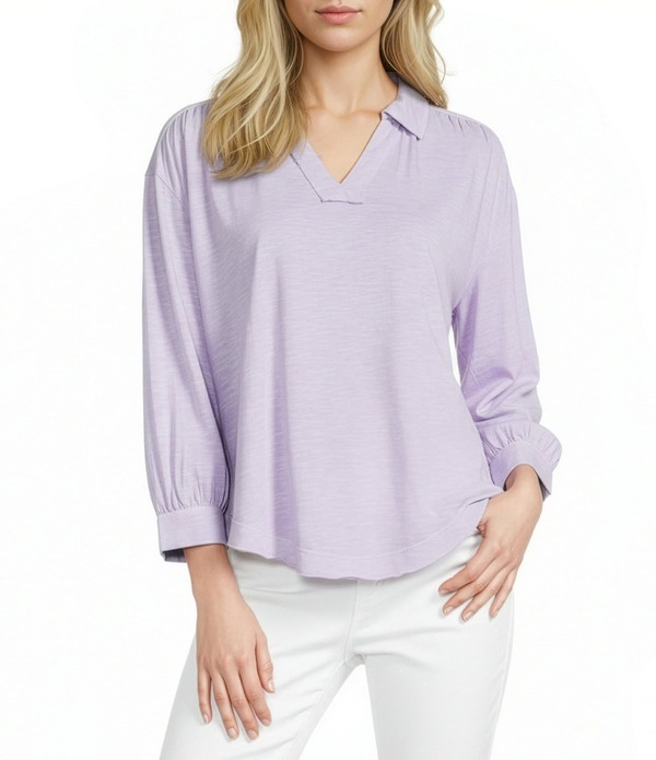 酉の方角跳ねかえる レディース トップス ティーシャツ Vのど首 編み物 Westbound 3/4 Sleeve V Neck Collared Slub Knitopastelilac 紫はしどい