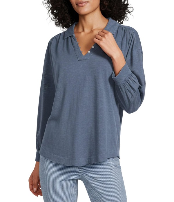 酉の方角跳ねかえる レディース トップス ティーシャツ Vのど首 編み物 Westbound 3/4 Sleeve V Neck Collared Slub Knitop Vintage Indigo インディゴ