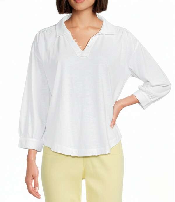 酉の方角跳ねかえる レディース トップス ティーシャツ Vのど首 編み物 Westbound 3/4 Sleeve V Neck Collared Slub Knitop White 白いこと