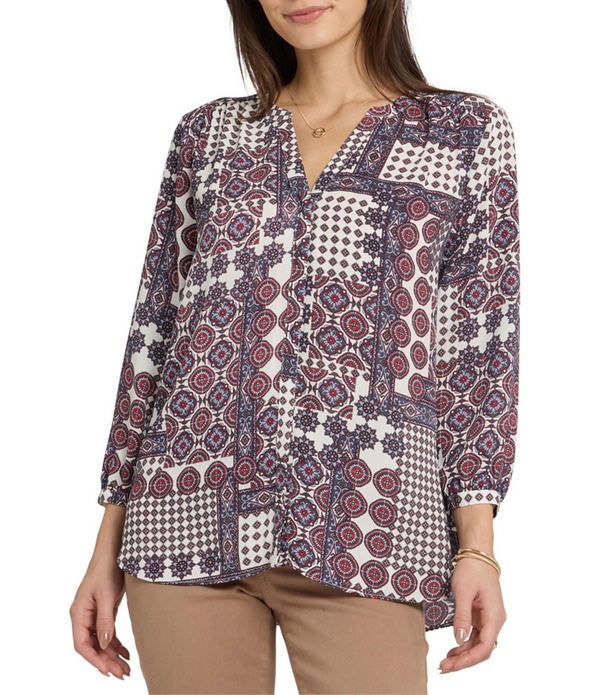 エヌワイディージェイ レディース トップス ティーシャツ Vのど首 お花柄 トップ お花 NYDJ Woven Floral Split V-Neck Button Front 3/4 Sleeve Blouse Vintage Pa