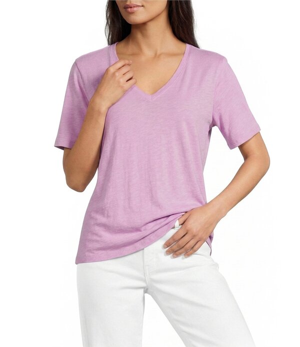 エイリーンフィッシャー レディース トップス ティーシャツ Vのど首 綿織物 編み物 ティーシャツ Eileen Fisher Organicotton Slub Jersey Knit V-Neck Short Sleeve Tee Bright Aster