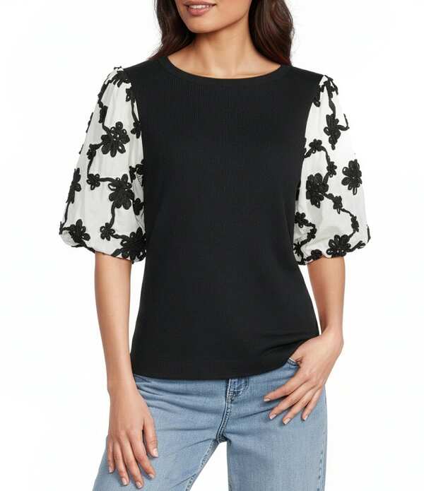 蟻 マイルス レディース トップス ティーシャツ 編み物 Ali Miles Knit Soutachembroidery Round Neck Elbow Length Sleeve Pullover Top Black 黒いこと