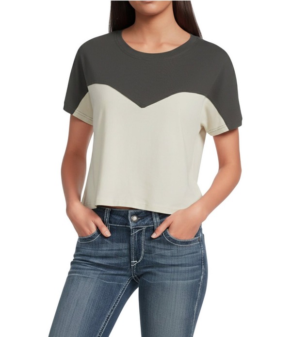 アリアト レディース トップス ティーシャツ Ariat Lucky Western Yoke Short Sleeve Crop T-Shirt Summer Sand/Raven 砂子