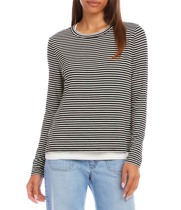 カレンケーン レディース トップス ティーシャツ 労働者の一団のど首 プルオーバー Karen Kane Jersey Stripe Double Layer Crew Neck Long Sleeve Top Black/Off White 象牙色