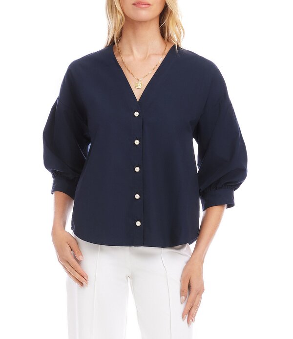 カレンケーン レディース トップス シャツ Vネック Karen Kane Poplin V-Neck 3/4 Lantern Sleeve Pearl Button Front Shirt Navy ネイビー|ReVida 店