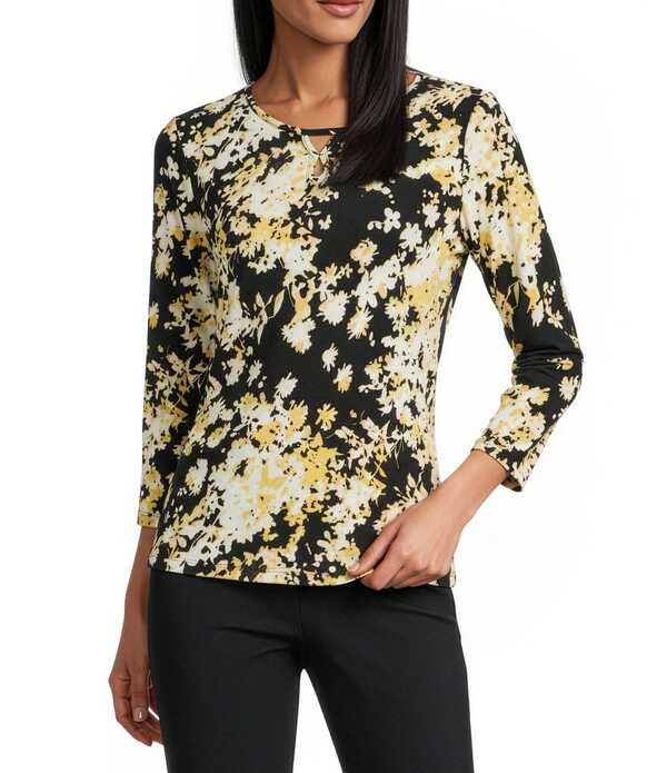 ジョーンズニューヨーク レディース トップス Tシャツ プリント Jones New York Printed ITY Keyhole Neckline Long Sleeve Top Jones Black/Cornsilk Multi ブラック｜ReVida 店