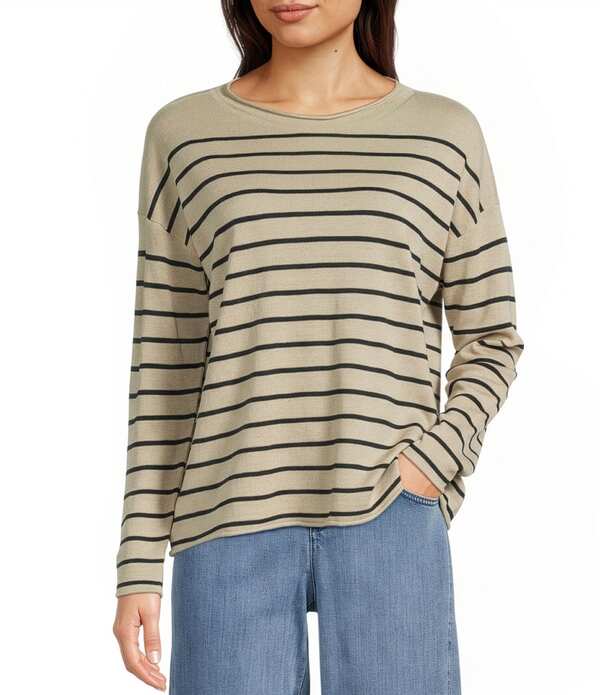 エイリーンフィッシャー レディース トップス プルオーバー 労働者の一団のど首 綿織物 リネン Eileen Fisher Organic Linen Cotton Blend Crew Neck Long Sleeve Boxy Top Ink