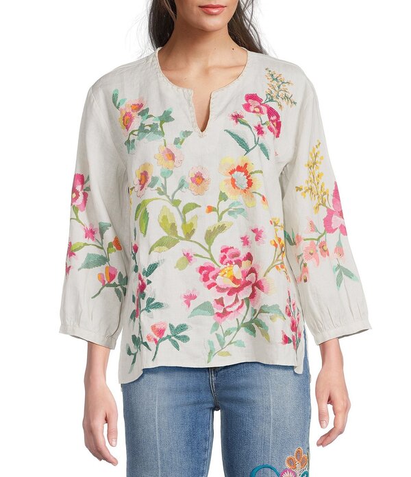 ジョニーワズ レディース トップス プルオーバー Vのど首 御花柄 刺しゅう トップ リネン 御花 JOHNNY WAS Linen Floral Embroidered Split V-Neck 3/4 Sleeve Blousecru Miraze エクリュ