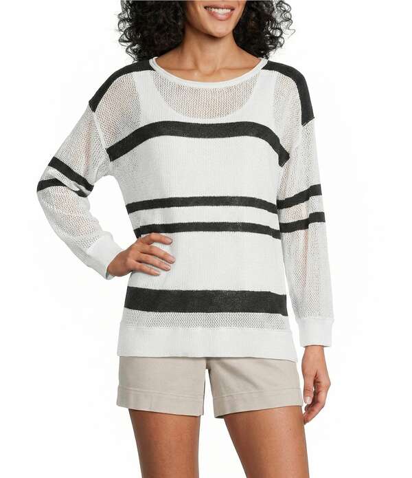 酉の方角跳ねかえる レディース トップス ティーシャツ 労働者の一団のど首 肋材 Westbound 3/4 Sleeve Crochet Crew Neck Ribbed Top Dark Cream 皮膚軟化剤