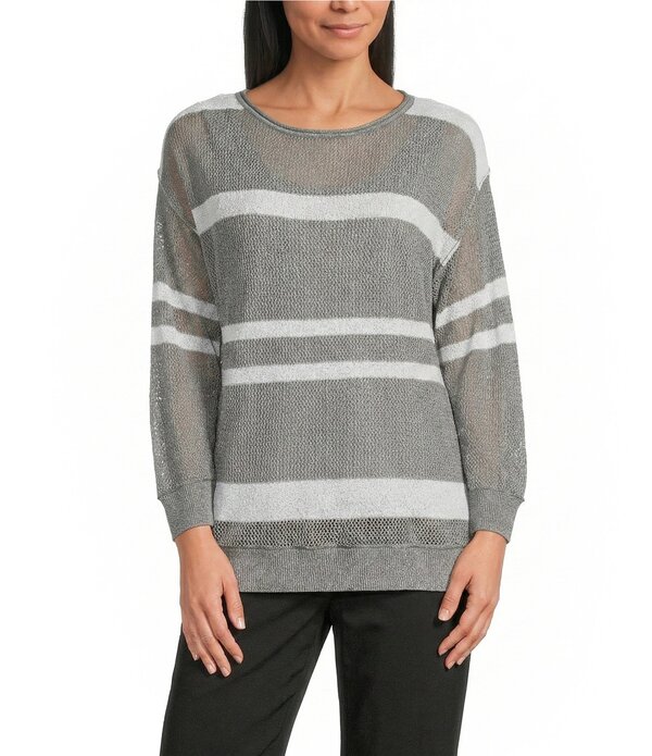 酉の方角跳ねかえる レディース トップス ティーシャツ 労働者の一団のど首 肋材 Westbound 3/4 Sleeve Crochet Crew Neck Ribbed Top Light Grey Heather 薄墨色